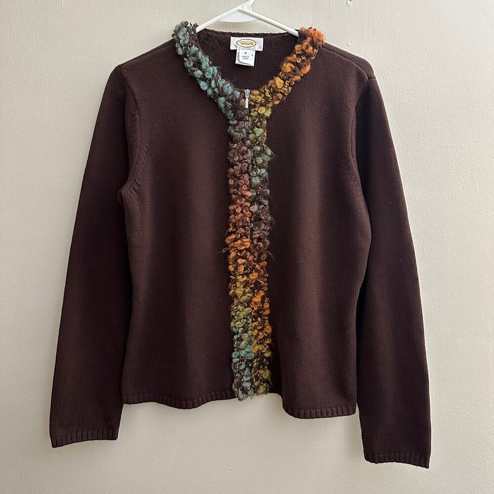 Talbots Womens Medium Vintage Brown Full Zip Cardigan Sweater Boucle Trim 90s